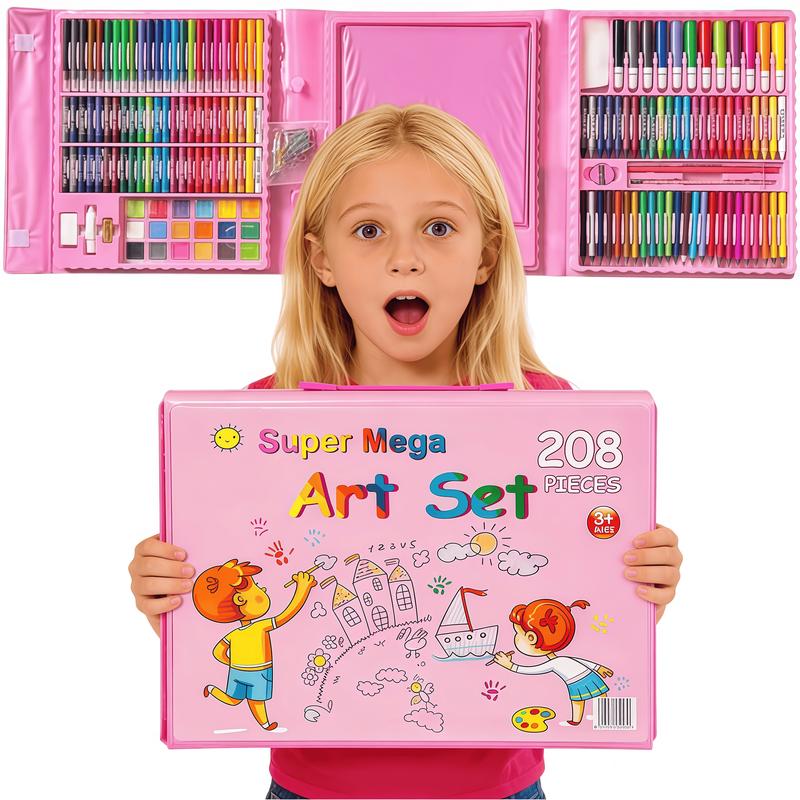 208 PCS Art Supplies, Drawing Art Kit for Kids Adults Art Set with Double Sided Trifold Easel, Oil Pastels, Crayons, Colored Pencils, Watercolor Pens Gift for Girls Boys Artist,  The Best Easter Gift, Pink