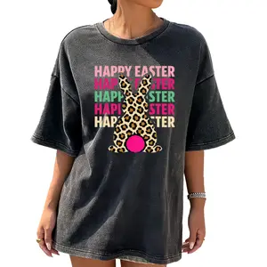 Washed Leopard Print Easter Bunny T-Shirt with Happy Easter Quote for Spring Celebrations