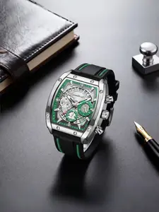 Men's Barrel Shape Sports Business Trendy Large Dial Three Eye Six Needle Multifunctional Quartz Watch, Silver Color Alloy Case