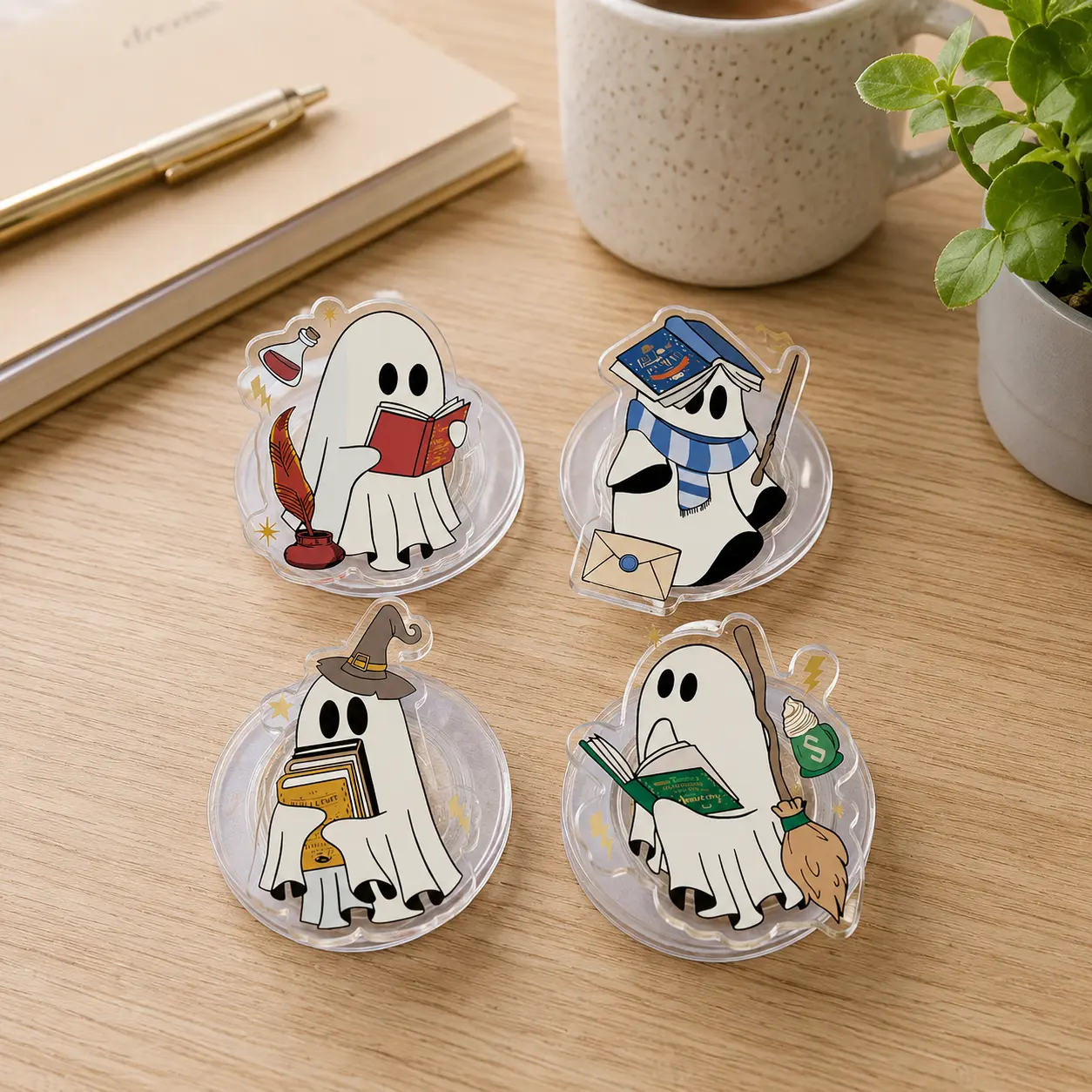 Spooky Cozy Wizard Ghost MagSafe Phone Grip Magic Wand Broomstick Magnetic Kindle Grip Cute Bookworm Reader Holder