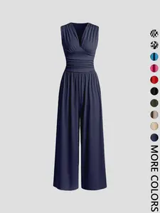 Women's Plain Ruched Deep V Neck Ribbed Jumpsuit, Elegant Sleeveless Wide Leg Jumpsuit for Summer, Ladies Clothes for Beach Holiday Vacation