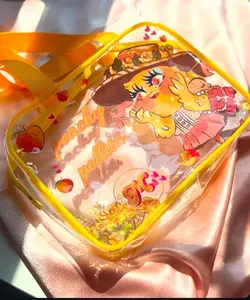 Peachy Pollita Makeup Bag - PVC Material with Vibrant Yellow Handle & Adorable Design for Cosmetics Storage