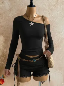 Women's Western Style Asymmetrical Two-Piece Set, Slant Shoulder Long Sleeve Top & Lace Trim Shorts, Bohemian Denim Girl