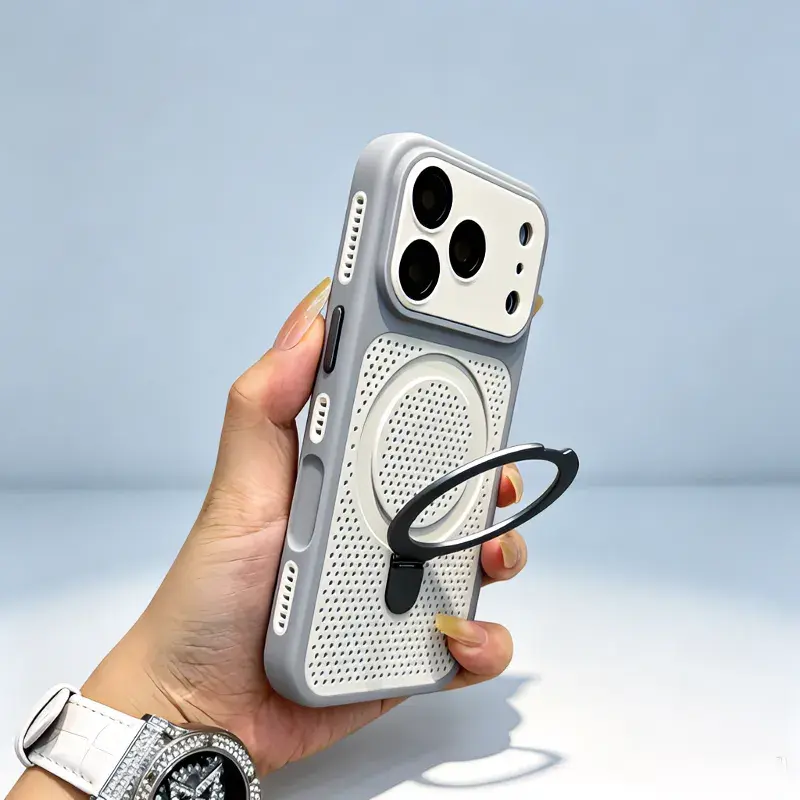 [Flash Fit] Gray Heat-Dissipating Mesh Phone Case for iPhone 17 Pro Max/16 Pro/15/14/13, Slim Business Customized Flush Mount Shockproof Guard, Full Coverage PC Anti-Drop Cover with Ring Kickstand & Magnetic Compatibility, Cooling, Breathable, Protection,