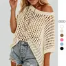 Imily Bela Womens Crochet Sweater Tops Batwing Short Sleeve Oversized Boat Neck Boho Knit Summer Beach Cover Ups