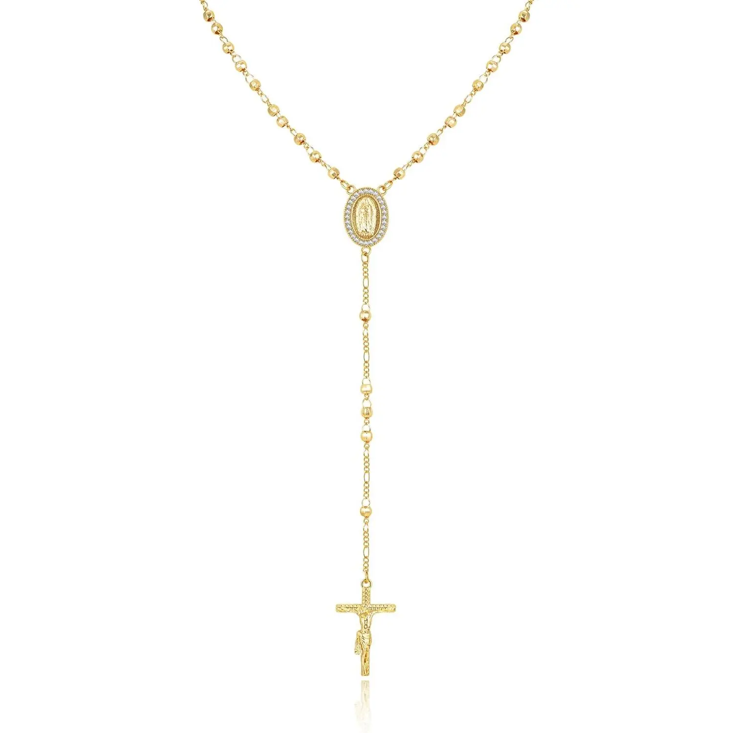 Female Polished Virgin Mary Virgen de Guadalupe Pendant Rosary Necklace - Gold-Plated Silver Cable Chain, Gold-Toned Crucifix Beads, Lobster Clasp, Catholic Crucifix Necklaces, Confirmation Gift Spiritual Jewelry, Blessed Cross Graphic, Cross Decorative,
