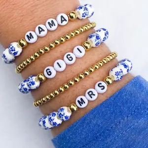 5PCS Set Chinoiserie Blue & White Beaded Bracelets, Gold Accent Letter Beads, Ceramic & Gold-Plated Beads, Personalized MAMA/GIRLS/MRS Stackable Bracelets for Women, Trendy Boho Jewelry for Everyday Wear, Mother’s Day & Bridesmaid Gifts