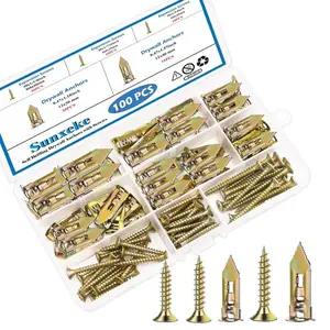 100 PCS Self Drilling Drywall Anchors with Screws Kit - 2 Sizes Sheetrock Anchors & 3 Sizes Zinc Expansion Screws,Zinc Plated Steel,No Drill Needed, Holds Up to 66LB on Walls
