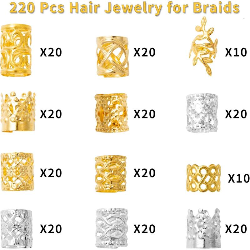 220 Pcs Gold Hair Jewelry for Braids, 12 Styles Gold and Silver Hair Accessories Cuff for Braids and Dreadlocks, Adjustable Metal Rings Cuffs Clips for Dreadlock Accessory Jewelry Decorations