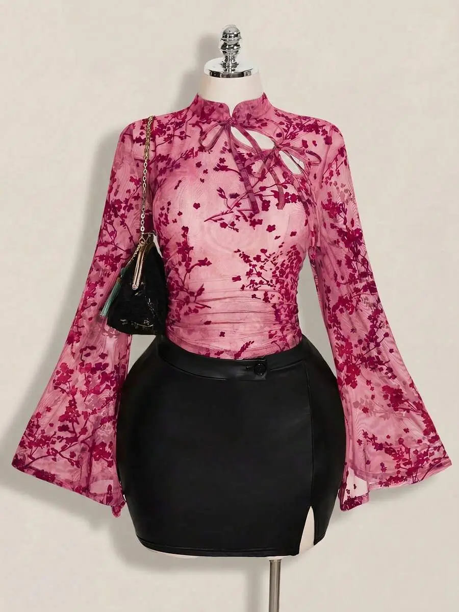 AQUA Plus Size Autumn 1950s Vintage 1920s 80s Pastel Pink Mesh Floral Flocked New Chinese Style Cheongsam Collar Top Birthday Wedding Guest
