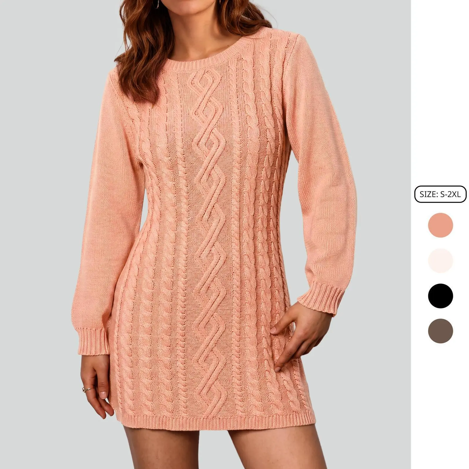 Imily Bela Women's Cable Knit Sweater Dress Long Sleeve Round Neck Slim Fit Mini Knit Dress Casual Bodycon Short Jumper Dress