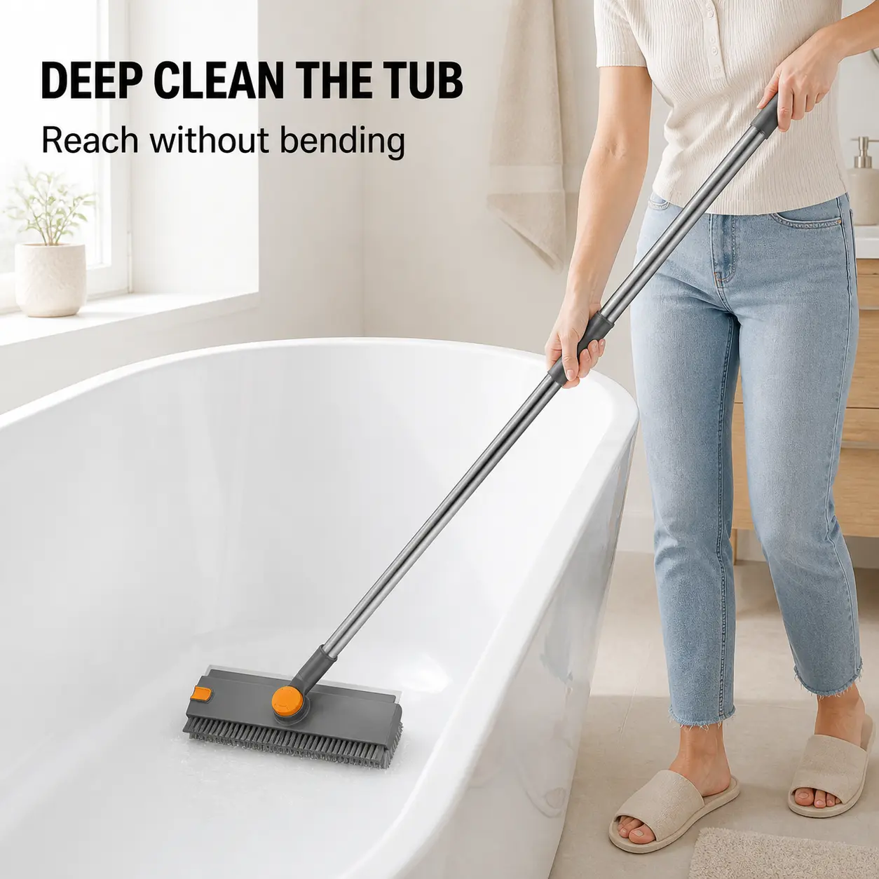 3-in-1 Floor Cleaning Brush with Squeegee and Hair-Removal Clip, 28 to 52 in Adjustable Handle, 360-Degree Rotating Stiff Bristle Head for Tile, Grout, Shower, Kitchen, Garage and Deck