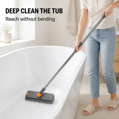 3-in-1 Bristle Brush Squeegee Floor Cleaner with Hair-Removal Clip - PP+Steel, Polypropylene Bristles, Long Reach Adjustable Stainless Steel Handle (28-52 in), 360° Rotates, House Cleaning Tools for Tile, Courtyard