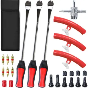 26pcs 14.6" Steel Tire Changer Tool Set Tire Spoons for Dirt Bike Motorcycle Bicycle ATV Mini Bike Lawnmower Garden Tractor with Rim Protector Valve Stems Cap Cores Red
