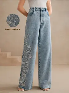 Women's embroidered, personalized, washable straight-leg denim, elastic, comfortable and versatile denim trousers