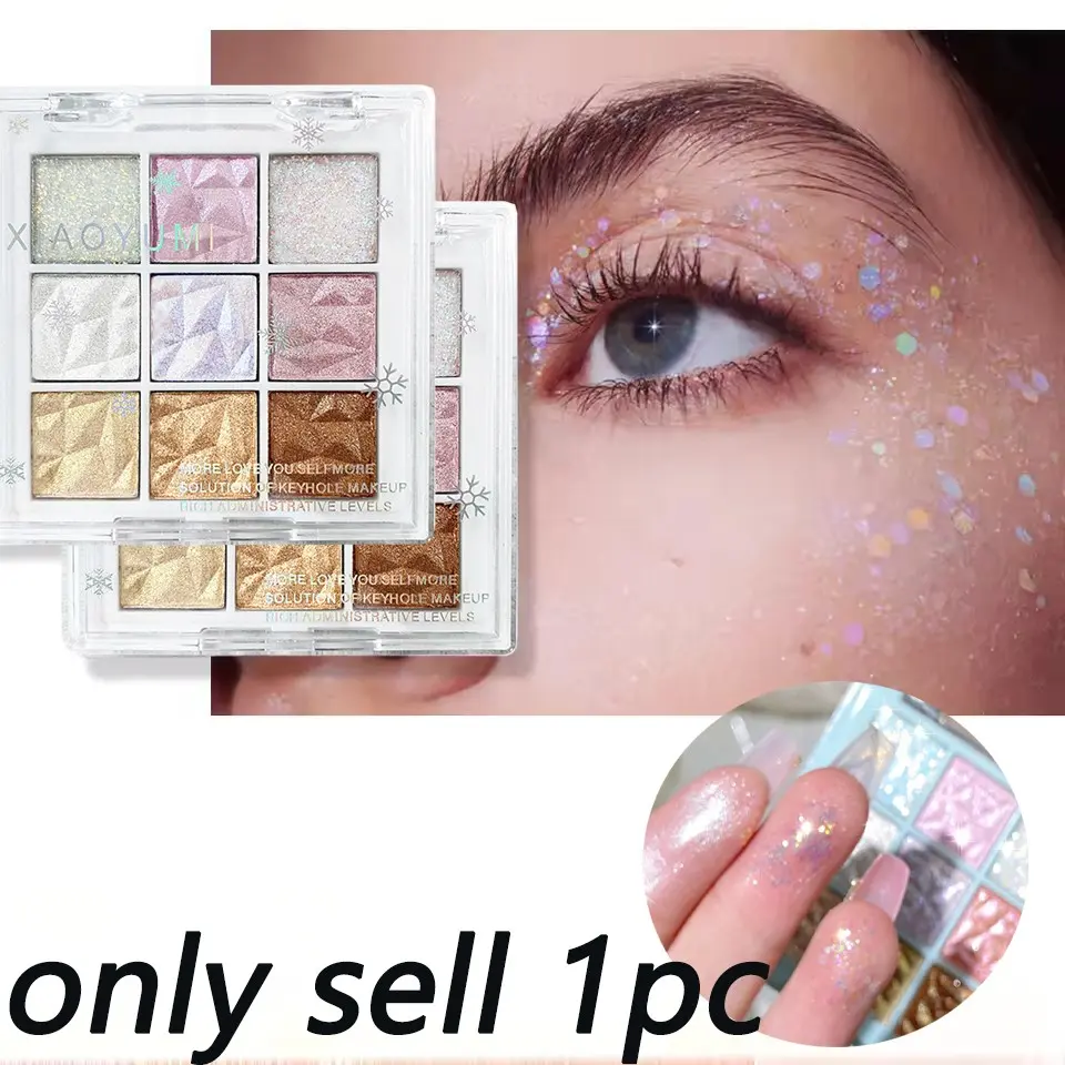 9 Color Snowflake Eyeshadow Palette, Long Lasting Waterproof Fine Glitter Diamonds, Party Makeup with Highlighter and Shimmer Effects, Pressed Glitter