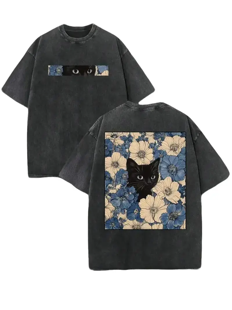 Vintage Dark Grey Acid-Washed Oversized Heavy Cotton Crewneck T-Shirt, Front Small Black Cat Eyes Floral Strip Print & Back Full Floral Black Cat Square Dual-Sided Graphic Print, Loose Drop-Shoulder Unisex Casual Tee, Retro Floral Cat Streetwear