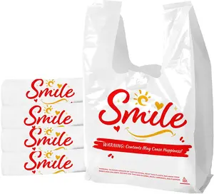 100 Pack White Smile Plastic Bag - 11.5"x6.5"x21" T-Shirt Grocery Bags with Handles, Cheerful Alternative to Thank You Bags, Bulk for Retail, Supermarkets & Small Business