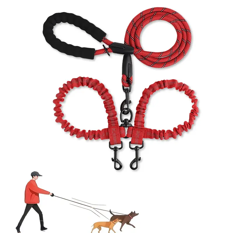 Red Reflective Elastic Double Dog Leash, Dual Head Retractable Nylon Walking Leash, Heavy Duty No Tangle Dog Lead for Medium & Large Dogs, Pet Supplies