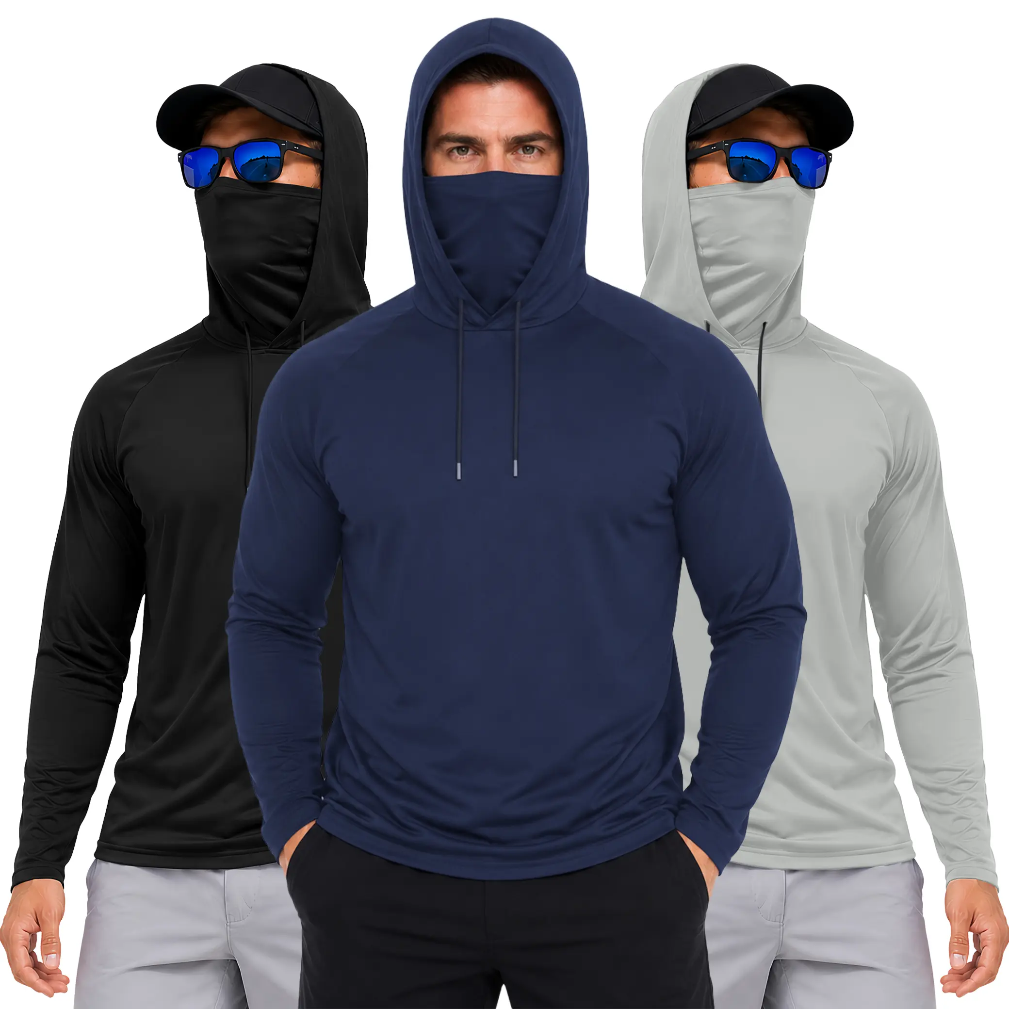 3 Pack Men's Fishing Hoodie with Mask UV Sun Protection Long Sleeve Quick Dry Lightweight for Hiking Running Workout