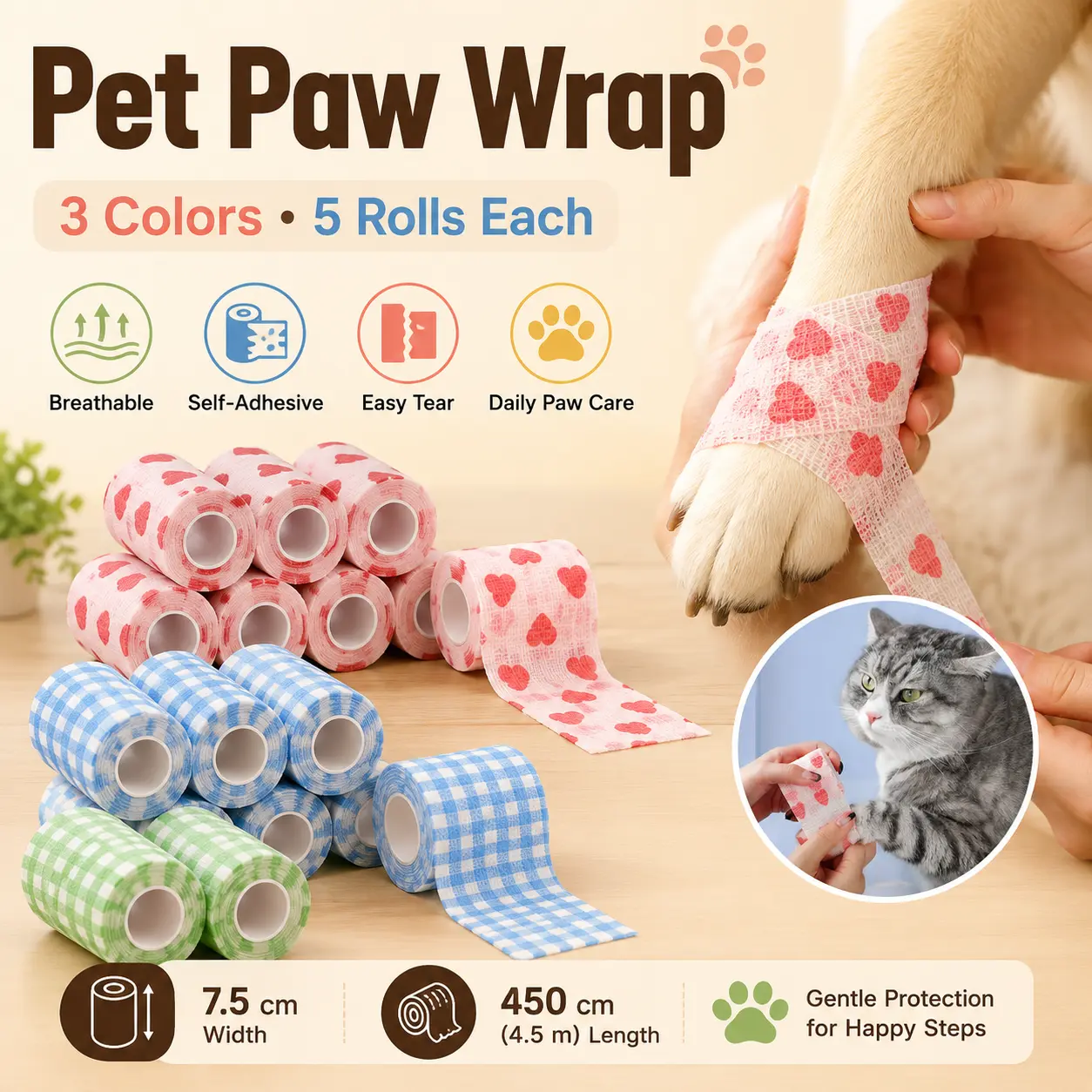 5PCS Pet Paw Wrap Bandages for Dogs & Cats, Breathable Self-Adhesive Cohesive Wrap, Easy-Tear Flexible Paw Protection Tape for Legs, Paws and Daily Pet Care, 7.5cm x 4.5m