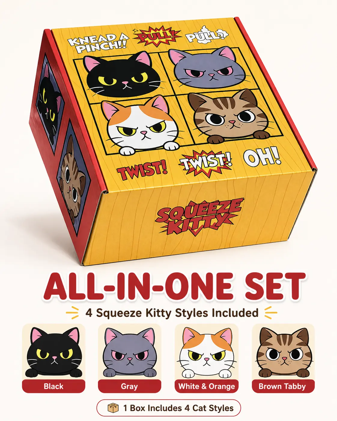 4-Pack Squishy Cat Squeeze Toys, Soft Stretchy Stress Relief Fidget Sensory Toys, Cute Angry Cat All-in-1 Set for Novelty Play