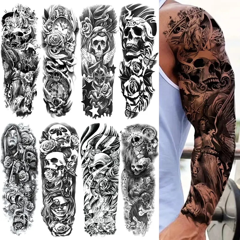8 Pcs Adult Large Angel & Skull Temporary Tattoo Sleeves, Gothic Skull Tattoo, Realistic Waterproof Fake Tattoos, Durable Full Arm Tattoos for Men Women, Halloween Body Decor, Tattoo Stickers