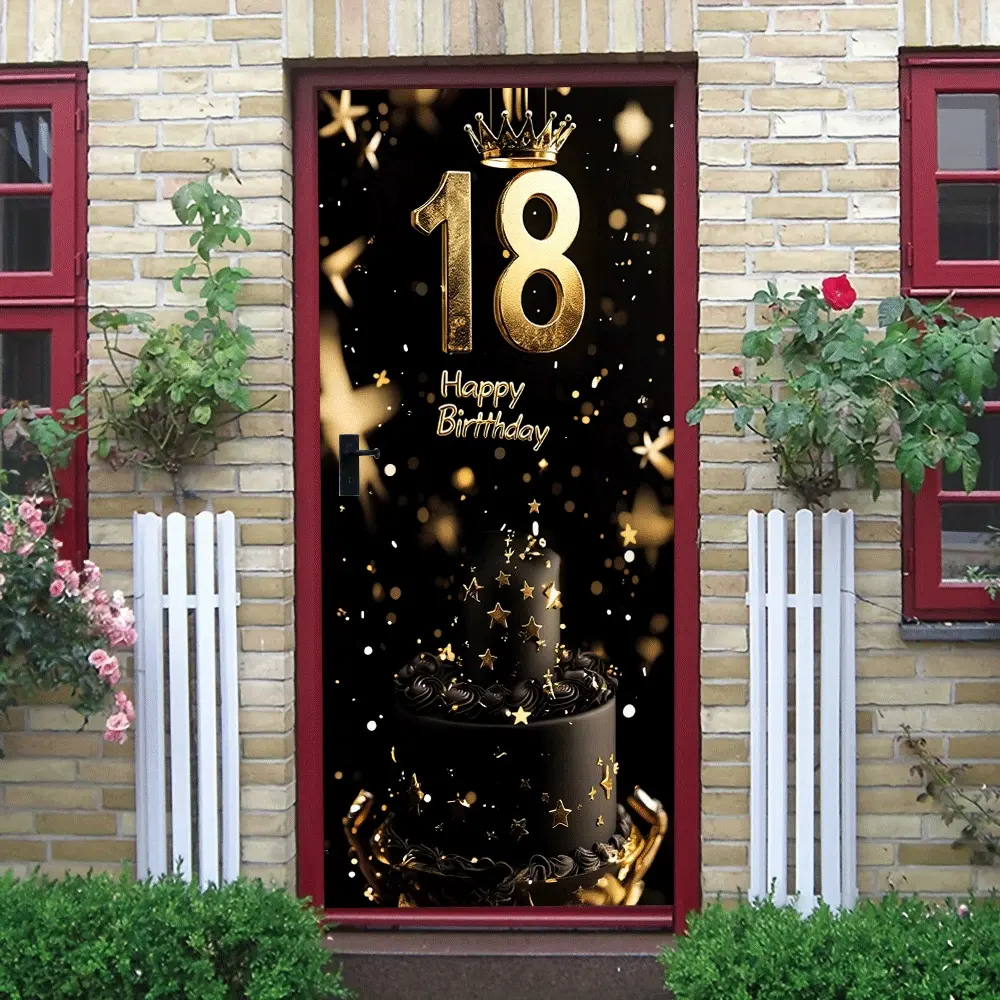 2pcs 18th Birthday Decorations Black Gold Wall Stickers Creative Number Crown Cake Star Pattern Party Supplies Self Adhesive Removable Decor for Living Room Bedroom Background Wall Decoration