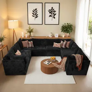 CAODOC Oversized U-Shaped Sectional Couch Sofa Living Room, Modern U-Shaped Convertible Sofabed Plush Corduroy Upholstered Sofa&Couch and Pillows,Free Combination
