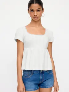 Cider 100% Cotton Scoop Neck Babydoll Lace Trim Peplum Short Sleeve Top