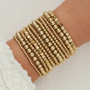 12Pcs Bohemian Geometric Beaded Multi-layer Bracelet Set, Chic Golden Women Stackable Elastic Bracelets Vintage Round/Square Beaded Stretchy Bracelet Jewelry Gift