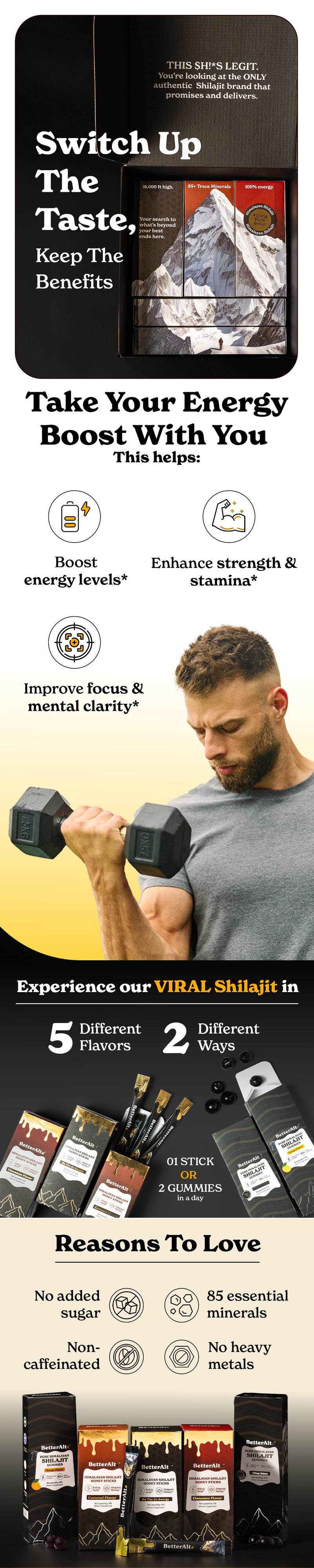 BetterAlt Ultimate Shilajit Energy Kit | Cinnamon, Caramel & Classic Honey Sticks, Tamarind & Mango Shilajit Gummies | Energy Gift Box | 1-Month Pack
