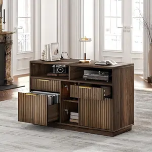 4-Drawer File Cabinet, Fluted Wood Lateral Filing Cabinet with Lock and Charging Station for Home Office, Printer Stand with Open Storage Shelves, Fits A4 and Letter Size, Black Walnut