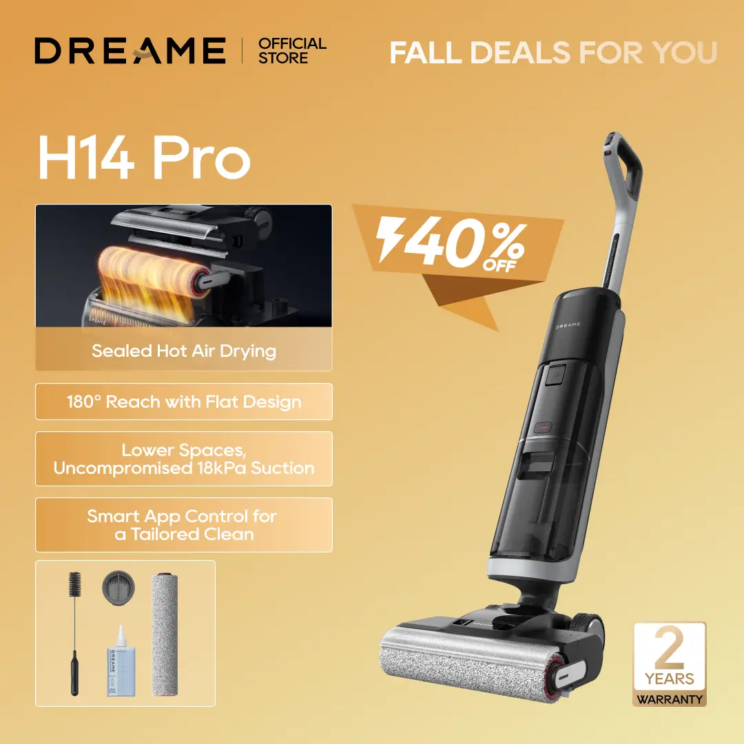 DREAME H14 Pro Vacuum Mop, Wet Dry Vacuum Cleaner, 180° Lie-Flat Vacuum Mop, 140°F Washing and Fast Hot Air Drying, Powerful 18kPa Suction Floor Clean