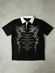Y2K Gothic Thorn Graphic Pattern Top, Vintage Dark College Style Fitted Short Sleeve Shirt, Streetwear, Casual Daily Wear and Menswear