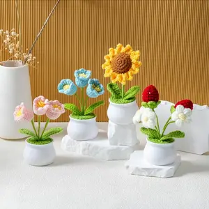 Handmade Crochet Bouquet Potted Flowers Artificial Knitted Forever Flower Potted Plant with Exquisite Pot for Home Office Desk Gift Decoration