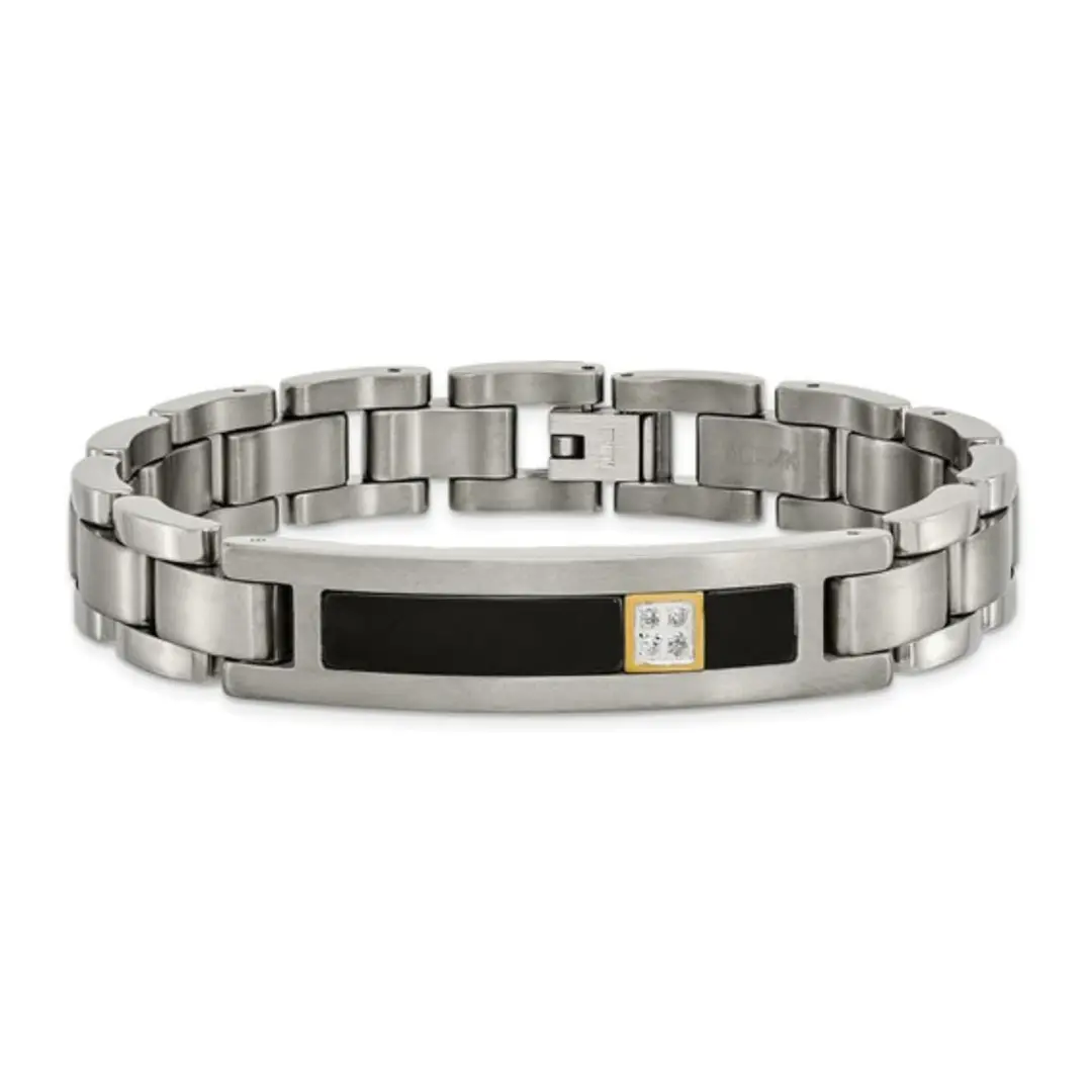 Men’s 12.5mm Titanium ID Link Bracelet – 14K Gold Accent & Real Black Onyx Inlay, 0.05 CT Genuine Diamond Accent, 8.75-Inch Lightweight Masculine Luxury Watch-Style Gift