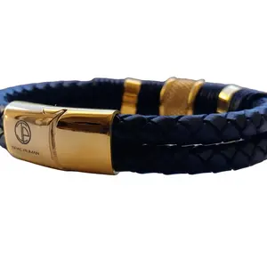 Gentleman Band Genuine Leather & Stainless Steel Black Gold Bracelet for Men - Elegant Simple Design with Premium Feel and Durability