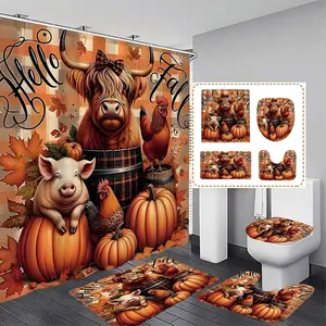 Thanksgiving Harvest Festival Farmhouse Pumpkin Decorative Shower Curtain Set, Includes Hooks, Bath Mat, Toilet Lid Cover, U-Shaped Pad, Ideal Gift
