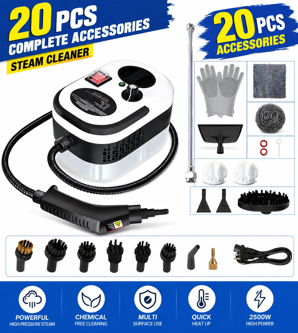 Handheld Steam Cleaner - 2500W Corded Compact High-Performance Model, 15-Second Heat-Up, 1.2L Water Tank, 3-Speed Adjustable Handle, 20 Accessories for Home & Car, High-Pressure Anti-Stain Gunk Removal Cleaning Steam Cleaner, High-Pressure Steam