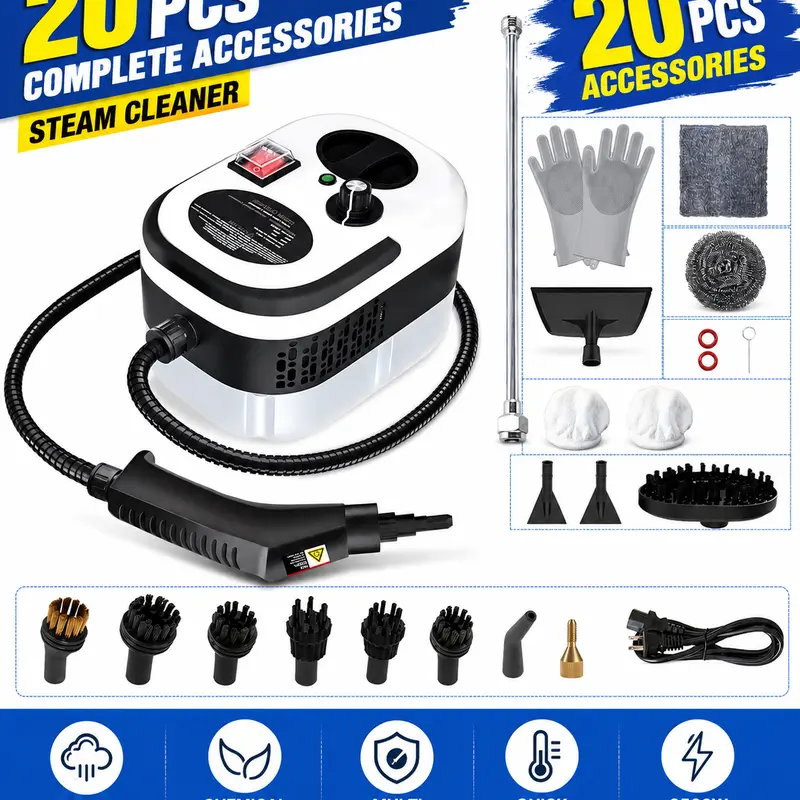 2500W Corded High-Pressure Handheld Steam Cleaner - 9.8ft Power Cord, Compact Design, 15-Second Quick Heat-Up, 1.2L Water Tank, 3-Speed Adjustable Handle, 20 Accessories, Multi-Surface Stain & Gunk Removal for Home, Car, High-Pressure Steam