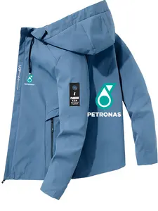 Men's Fashion Jacket with Petronas Logo, Stylish Zip Pocket, Casual Hooded Design, Polyester Material, Spring & Fall Wear, Men's Outerwear