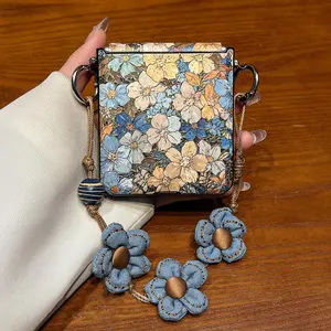 Luxury Flower Strap Painting Blue Flower Case for Samsung Galaxy Zflip7 Zflip6 Xiaomi Mix Flip2 Motorola Razr 70Ultra 60 Cover