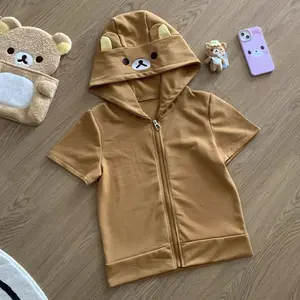 Cartoon Rilakkumas Bear Hoodies for Girls Kawaii Korilakkuma Embroidery Short Sleeve Zipper T shirt Loose Sweatshirt Tops