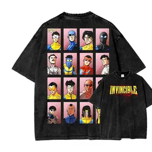 Invincible Comic Characters Grid 20 Panel Double Printed Oversized Acid Washed T-Shirt Black