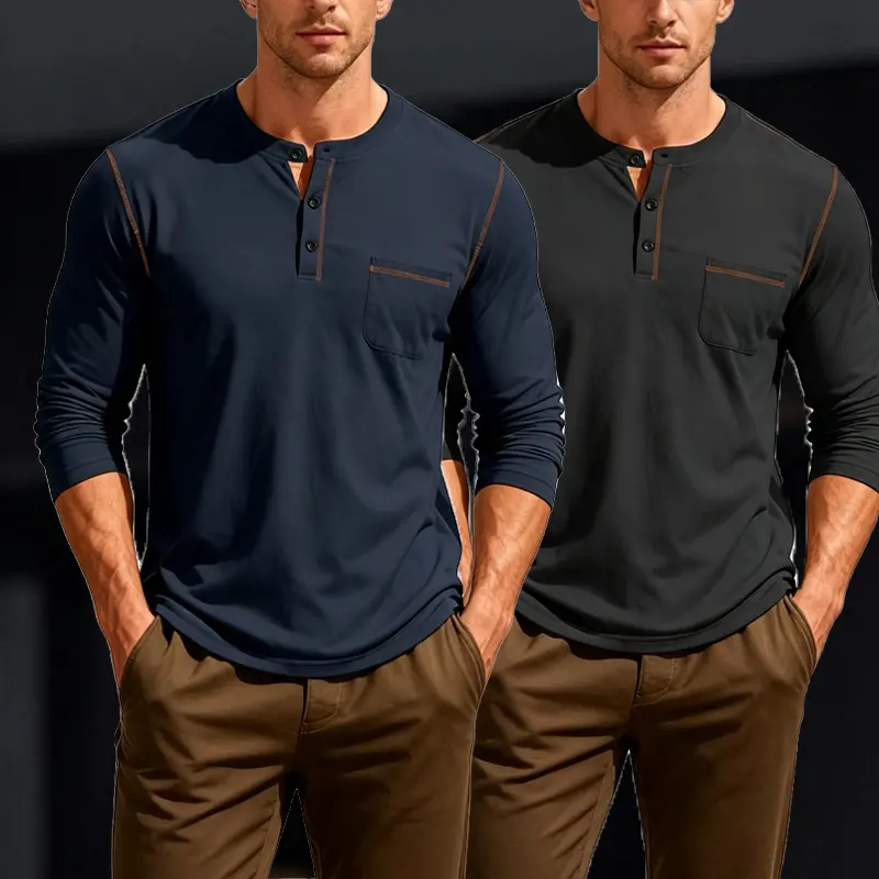 Men's Stretch Henley Shirt! Contrast Stitching & Pocket. Versatile Long Sleeve Tee for Work or Weekend.