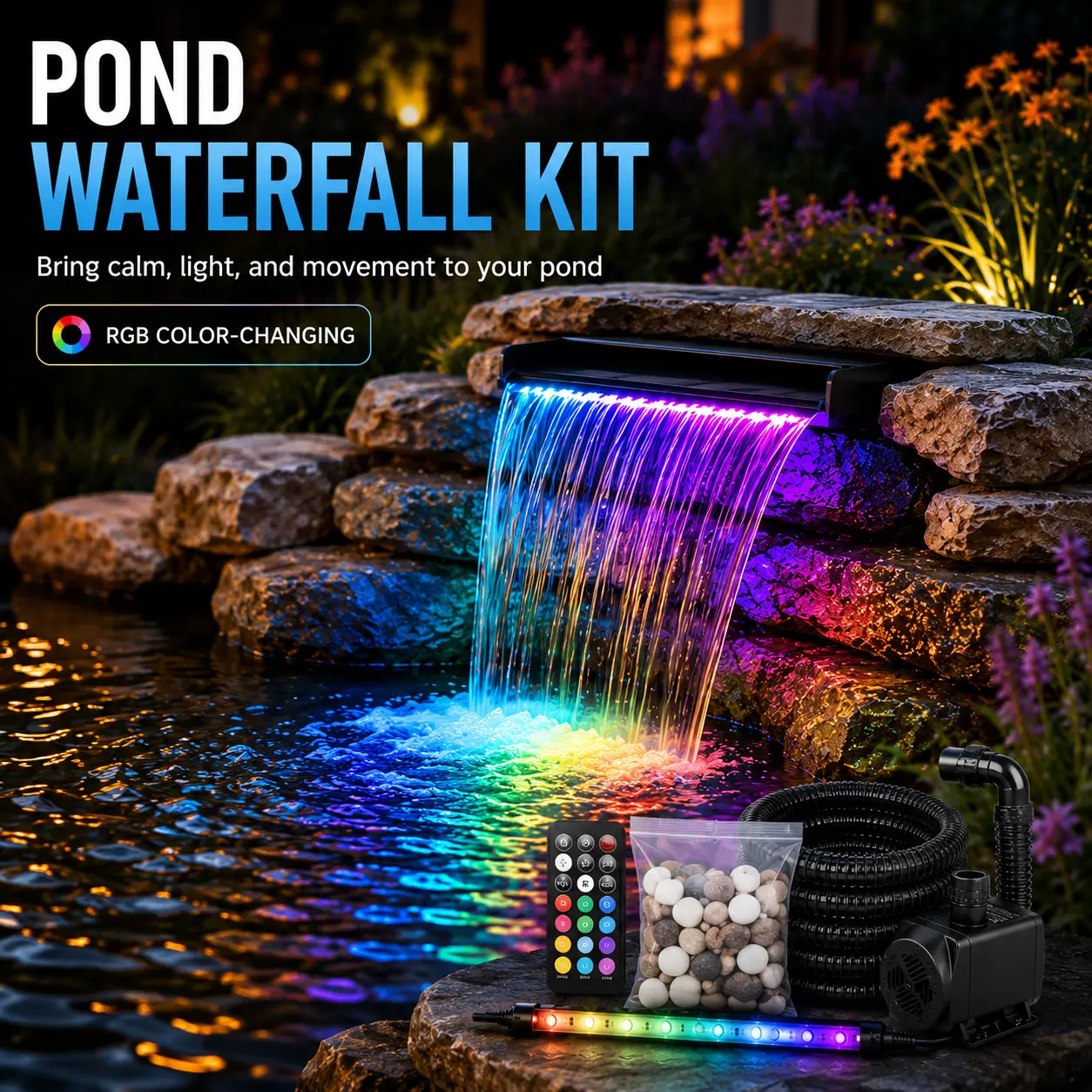 All-in-1 Pond Waterfall Filtration Kit Set - 12-in Stainless Steel Spillway, 880 GPH 45W Pump, LED Light, Filter Media Bag, Remote Pump Control, Flow Adjustment, Outdoor Garden Backyard Water Feature for Home Improvement