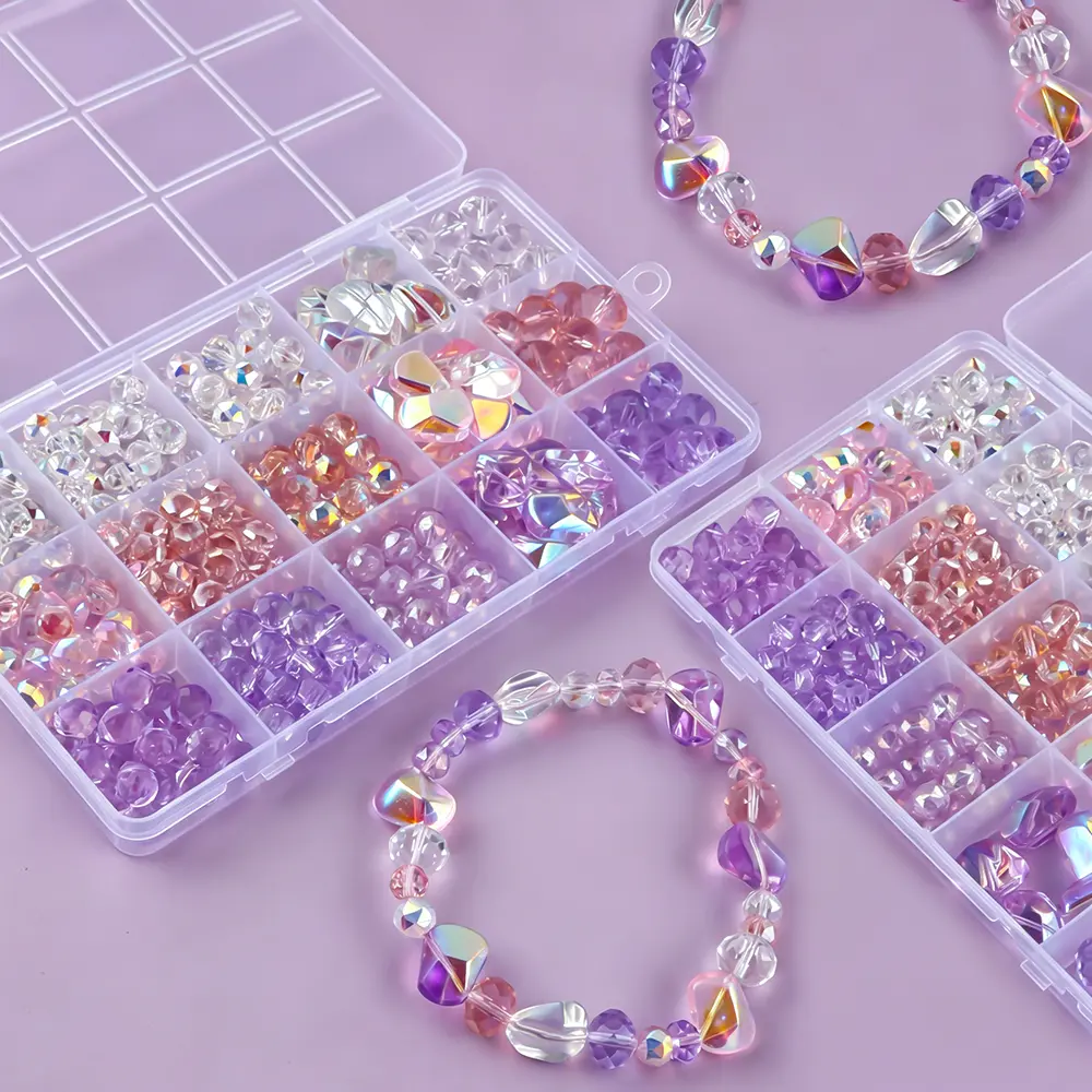 270pcs Organized Mixed Crystal Beads Set - Transparent, Pink, Purple, 15-Grid Boxed Packaging for Beginners and Experts DIY Phone Chain, Keychain, Charms Making Craft Projects Jewelry Beads Making Accessory