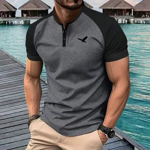 Men's summer color-blocked raglan sleeve Henley shirt, machine washable polyester knit fabric, men's short-sleeved crew neck T-shirt with bird print, suitable for daily commuting and outdoor leisure.