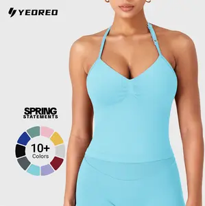 YEOREO SoftHue Impact Longline Strappy Top Women's Halter Workout Tank Tops Backless Gym Longline with Adjustable Strap